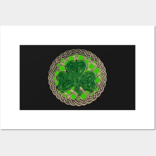 Celtic Knot Shamrock Green Background Posters and Art